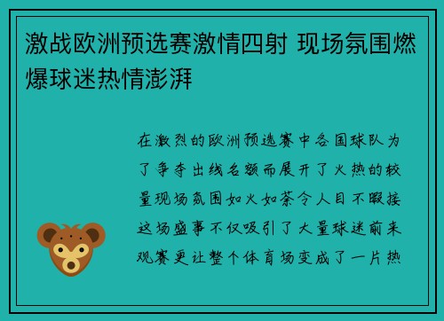 激战欧洲预选赛激情四射 现场氛围燃爆球迷热情澎湃
