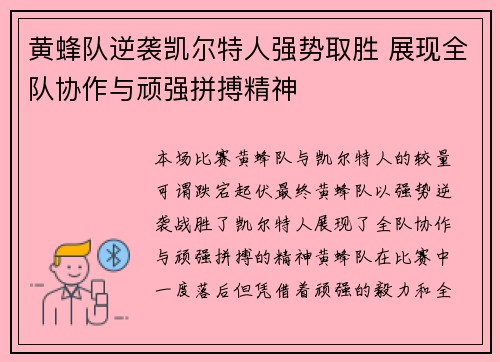 黄蜂队逆袭凯尔特人强势取胜 展现全队协作与顽强拼搏精神