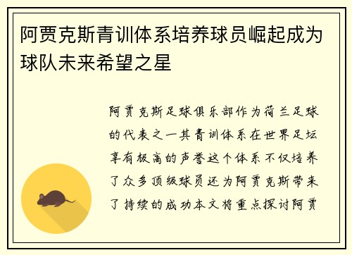 阿贾克斯青训体系培养球员崛起成为球队未来希望之星