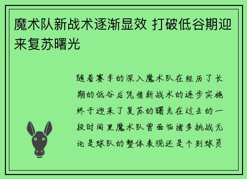 魔术队新战术逐渐显效 打破低谷期迎来复苏曙光