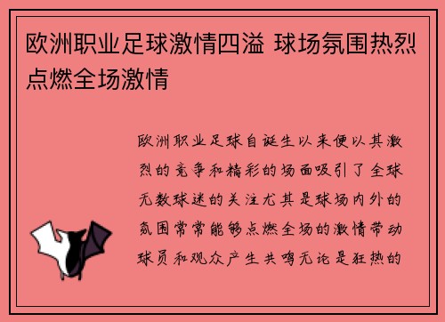 欧洲职业足球激情四溢 球场氛围热烈点燃全场激情